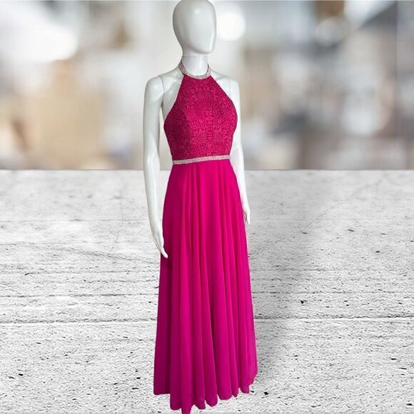 Madison James Hot Pink Fuchsia High Neck Modest Prom Bridesmaid dress - Picture 1 of 6